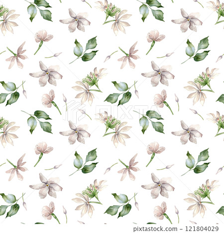 Watercolor of Jasmine, buds, leaves seamless pattern isolated. Botanical flowers in pastel colors hand drawn on repeated texture. Camellia background in pale pink for textile, package, wallpaper. 121804029