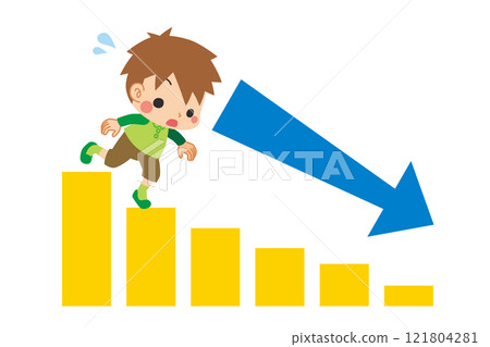 Illustration of a cute little boy going down the stairs of a descending graph White background Vector Clip art 121804281