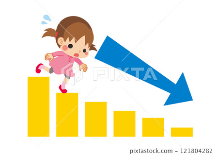 Illustration of a cute little girl going down the stairs of a descending graph, white background, vector, clip art 121804282