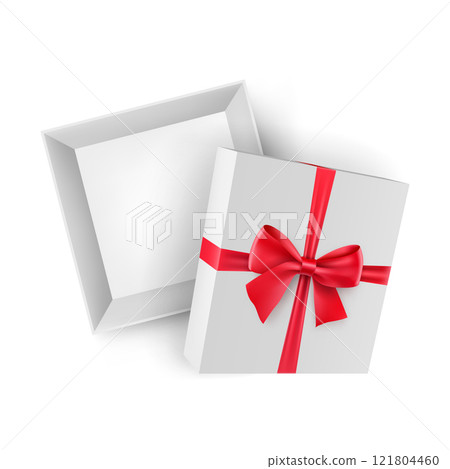 Opened cardboard square box with red ribbon bow Opened cardboard square box with red ribbon bow 121804460