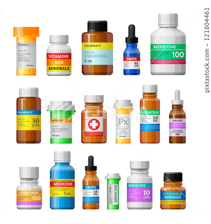 Set of medicine bottles with labels 121804461