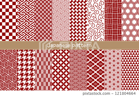 16 種無縫日本圖案套裝：蔓藤花紋、景泰藍、珠地、箭頭笠、重量連接、saaya 形狀、工藝字母連接 121804664