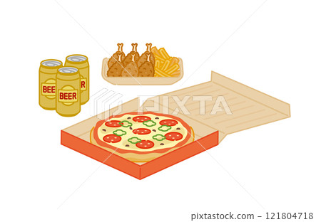 簡單可愛的速食圖示：外送披薩套裝 121804718