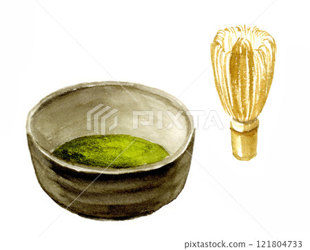 Ink painting of matcha in a teacup and tea whisk Ink painting of matcha in a teacup and tea whisk 121804733