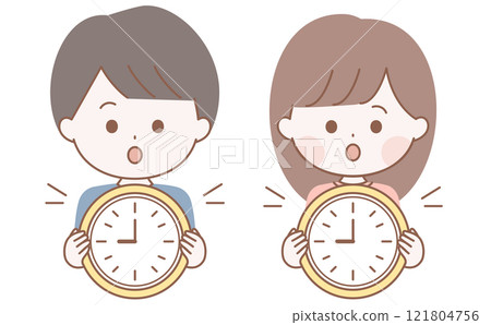 Cute character illustration of a woman and a man holding a clock 121804756