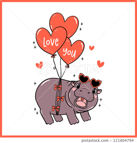 Cute Valentine Grumpy Baby Pygmy Hippo Floated by Heart Balloons Hand Drawn Cartoon Character 121804794