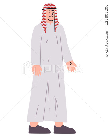 Arabian man wearing Saudi Arabian traditional Thawb Thobe attire middle east culture tradition Ghutra headdress Arabic people Muslim Islam character design colorful 121805200