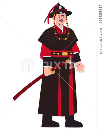 South Korea military traditional clothes Hanbok Korean man fighter warrior soldier heritage culture tradition historical attire sword weapon equipment hat attire character design icon set colorful 121805215