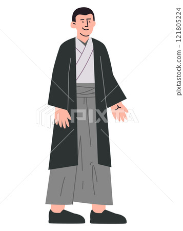 Japanese man wearing Haori Hakama Japanese culture attire dress cultural heritage clothes colorful character smiling expression design Japanese man wearing Haori Hakama Japanese culture attire dress cultural heritage clothes colorful character smiling expression design 121805224