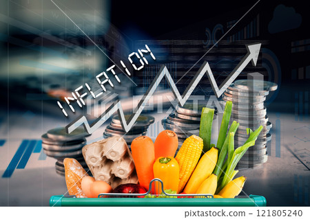 Grocery inflation food red arrow pointing up inflation increase in cost Grocery inflation food red arrow pointing up inflation increase in cost 121805240