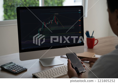 Businessman online trader using a computer and on phone with discussing dynamic stock market broker marketing statistics finance Businessman online trader using a computer and on phone with discussing dynamic stock market broker marketing statistics finance 121805252