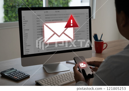 men using smartphones warning alert, email hack SMS spam, fake text message phishing 121805253
