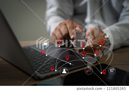 Businessman manager touching tablet Smart system using Chain retail logistics management digital management 121805265