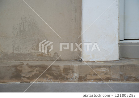 Fungus on the wall after the flood a brick wall with a white paint line 121805282