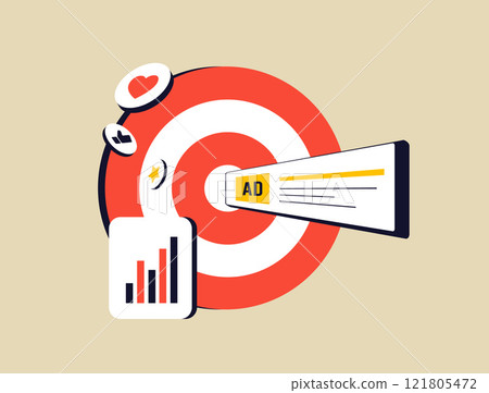Targeted Digital Marketing, social media targeting. Behavioral, geotargeting and psychographic targeting in digital marketing. Targeted advertising vector illustration with icons on blue background 121805472