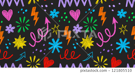 Pencil crayon kid seamless pattern child fun shape squiggle confetti background. Hand drawn color crayon background fun scribble shape. Circle, confetti, flower seamless pattern vector 121805510