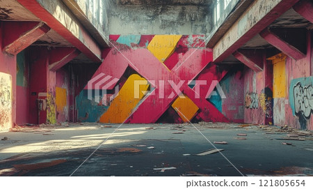 Abandoned building covered in graffiti 121805654