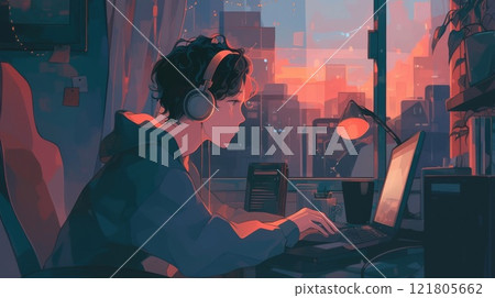 A boy who operates a personal computer A boy who operates a personal computer 121805662