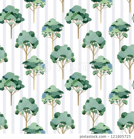 Eucalyptus tree forest seamless pattern. Hand drawn trees with tender color stipe background. Different eucalyptus painted illustration endless pattern design for printing, textile, wrapping paper 121805725