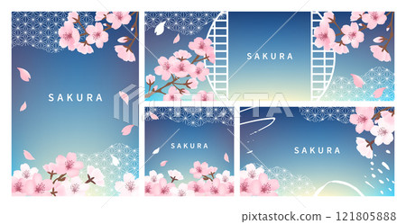 Cherry blossom template set_Japanese pattern blue 121805888