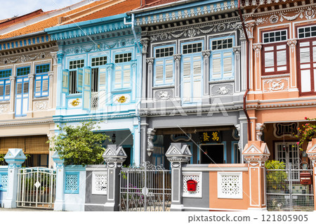 Building view of the Colorful Shophouses along Koon Seng Road of Katong-Joo Chiat Place in Singapore is a tourist hotspot. Building view of the Colorful Shophouses along Koon Seng Road of Katong-Joo Chiat Place in Singapore is a tourist hotspot. 121805905