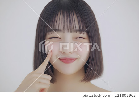 可愛的微笑女人用手指按壓臉頰 121805962