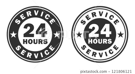 24 7 Service open 24 h hours a day and 7 days a week circle stamp icon. Shop support logo symbol sign button. Vector illustration image. Isolated on white background. 121806121