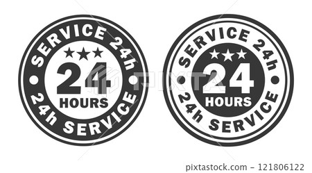 24 7 Service open 24 h hours a day and 7 days a week circle stamp icon. Shop support logo symbol sign button. Vector illustration image. Isolated on white background. 24 7 Service open 24 h hours a day and 7 days a week circle stamp icon. Shop support logo symbol sign button. Vector illustration image. Isolated on white background. 121806122
