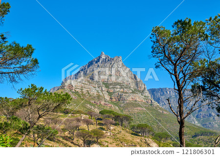 Landscape and panoramic view of a mountain during summer against a clear blue sky. Scenic natural landmark amongst trees, plants, and vegetation in the countryside. Beautiful copyspace view of nature 121806301