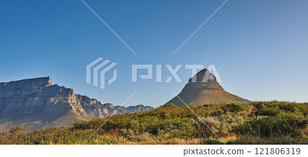 Copy space, landscape view and mountains of Lions Head and Table Mountain in serene, relaxing nature reserve. Blue sky with copyspace in Cape Town, South Africa of tranquil, local countryside scenery Copy space, landscape view and mountains of Lions Head and Table Mountain in serene, relaxing nature reserve. Blue sky with copyspace in Cape Town, South Africa of tranquil, local countryside scenery 121806319