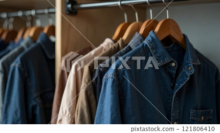 Organized closet with hanging denim and casual jackets on wooden hangers Organized closet with hanging denim and casual jackets on wooden hangers 121806410