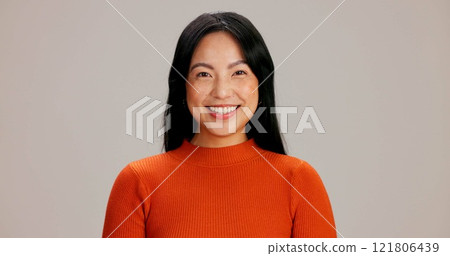 Asian woman, portrait or smile in studio with fashion, good mood or business pride at space. Entrepreneur, style or happy on white background for startup development, aesthetic or confidence in Japan Asian woman, portrait or smile in studio with fashion, good mood or business pride at space. Entrepreneur, style or happy on white background for startup development, aesthetic or confidence in Japan 121806439