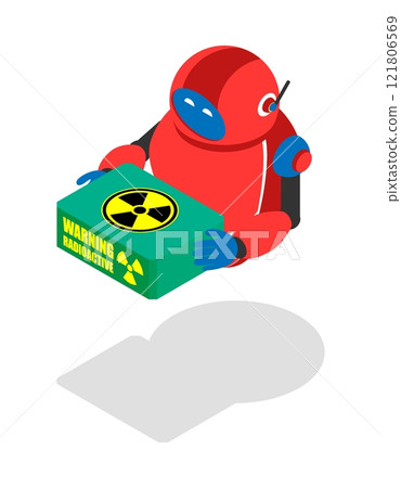 Robot worker at nuclear power plant carries cell containing hazardous radioactive materials. Isometric robotization of hazardous industries. 3D vector concept isolated on white background 121806569