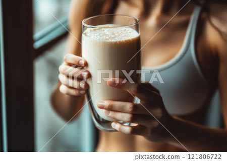 Nutritional boost: protein shake, energizing blend, muscle recovery, healthy formula, post workout refreshment, vitality infusion, fitness nutrition, balanced drink, strength support, amino acids 121806722
