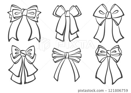 Ribbon bow and tie with knot for hair. Cute black doodle illustration. Vintage hand drawn outline decorative girly accessory. Fashion elements for birthday and Christmas Ribbon bow and tie with knot for hair. Cute black doodle illustration. Vintage hand drawn outline decorative girly accessory. Fashion elements for birthday and Christmas 121806759
