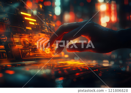 Close-up of keyboard operation with hand reaching for futuristic digital screen 121806828