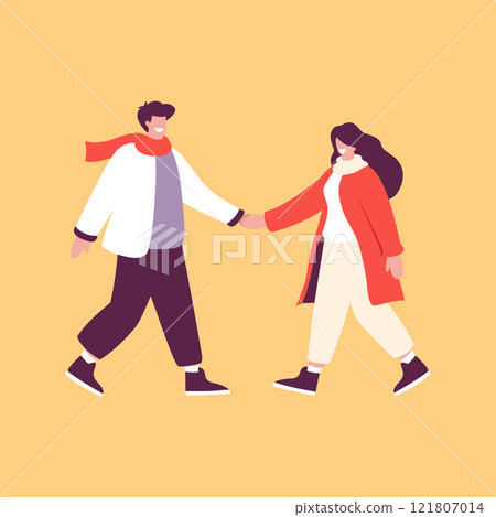 man and woman in warm winter clothes causually walking. Concept of casual cozy winter clothes for man and woman for cold winters. man and woman in warm winter clothes causually walking. Concept of casual cozy winter clothes for man and woman for cold winters. 121807014