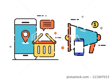Marketing concept and online shopping line icon. Advertisement device symbol. Marketing concept and online shopping line icon. Advertisement device symbol. 121807015