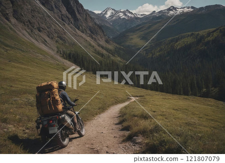 traveler on motorcycle mountain landscape 121807079