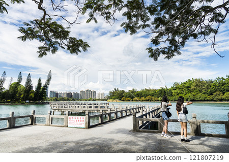 View of the Nine-cornered Bridge in Chenghcing Lake Scenic Area in Kaohsiung, Taiwan. View of the Nine-cornered Bridge in Chenghcing Lake Scenic Area in Kaohsiung, Taiwan. 121807219