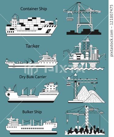 Design vector set with modern commercial ships and cargo port cranes. Trade, business, import, export, logistics concept. Line art cartoon illustration Design vector set with modern commercial ships and cargo port cranes. Trade, business, import, export, logistics concept. Line art cartoon illustration 121807475