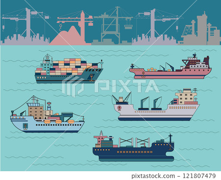 Design vector set with modern commercial ships - icebreaker, containership, bulker, tanker against background of sea and silhouettes of port cranes. Trade, business, import, export, logistics. Design vector set with modern commercial ships - icebreaker, containership, bulker, tanker against background of sea and silhouettes of port cranes. Trade, business, import, export, logistics. 121807479