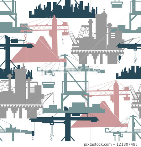 Seamless pattern with colorful silhouettes of heavy lifting port and construction cranes, loaders and oil platforms on white. Trade, business, import, export, industrial and logistics concept. Seamless pattern with colorful silhouettes of heavy lifting port and construction cranes, loaders and oil platforms on white. Trade, business, import, export, industrial and logistics concept. 121807483