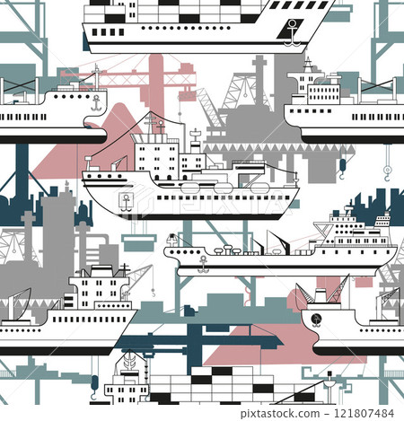 Seamless pattern of containership, bulker, tanker and icebreaker with silhouettes of cargo port cranes against white background. Trade, business, import, export, logistics concept.  121807484