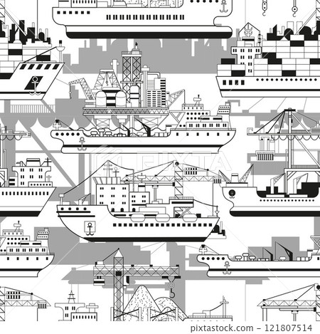 Seamless pattern with line art illustrations of modern commercial ships and cargo port cranes against white background. Trade, business, import, export, logistics concept.  121807514