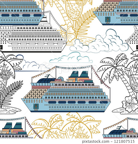 Seamless pattern with cruise ship or passenger liner with tropical island with palms and cocktails on white. Travel, transportation and discovery concept. Line art cartoon illustrations Seamless pattern with cruise ship or passenger liner with tropical island with palms and cocktails on white. Travel, transportation and discovery concept. Line art cartoon illustrations 121807515