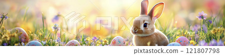 兔子在花叢中玩耍和復活節彩蛋 AI 圖像 121807798
