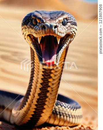 the AI Image Generator, View of a Striking Cobra Snake in Desert Habitat the AI Image Generator, View of a Striking Cobra Snake in Desert Habitat 121807908