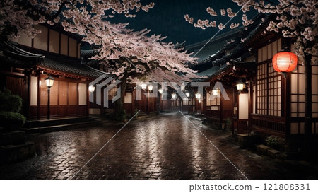 Cherry blossoms at night in a town lined with Japanese houses 121808331