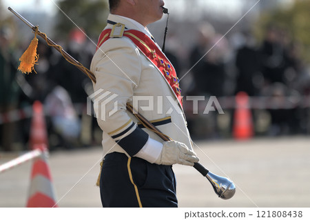 Fire department band at the New Year's parade - drum major holding a baton 121808438